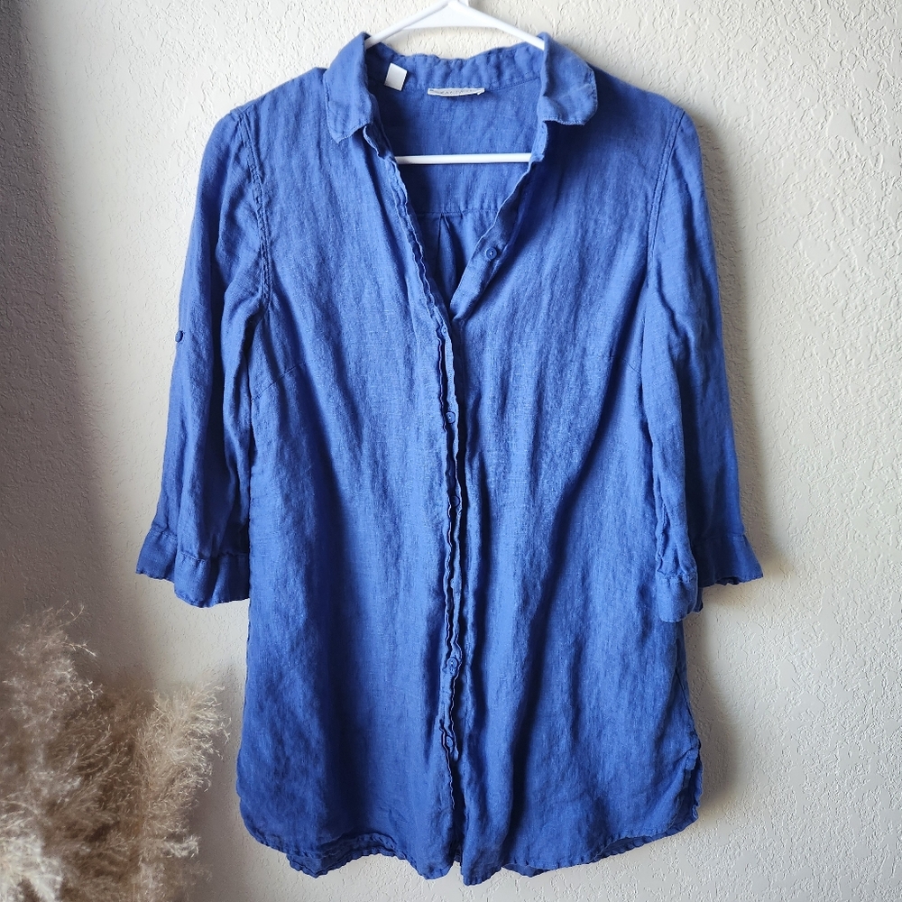 Blue Linen Button-Up Shirt